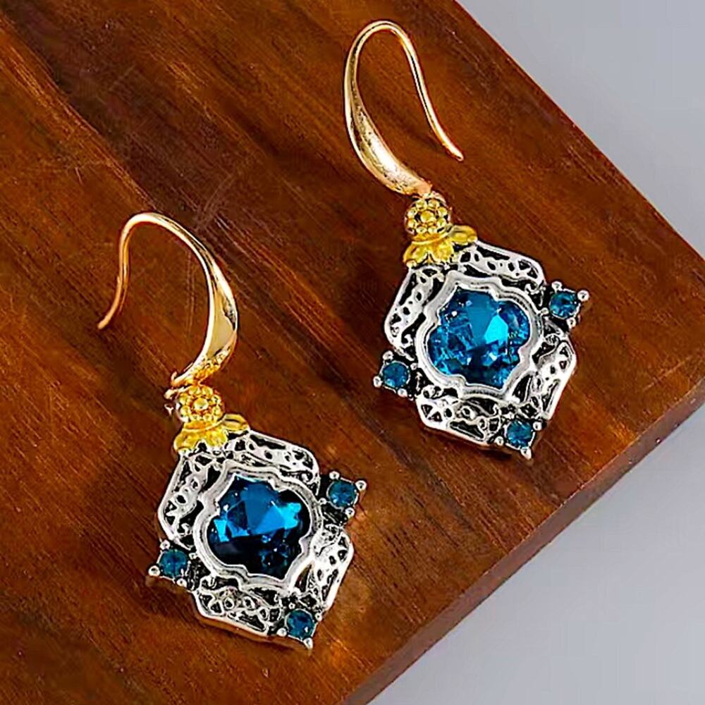 Vintage Blue Topaz Crystal Zircon Two Tone Dangle Earrings - Picture 3 of 5